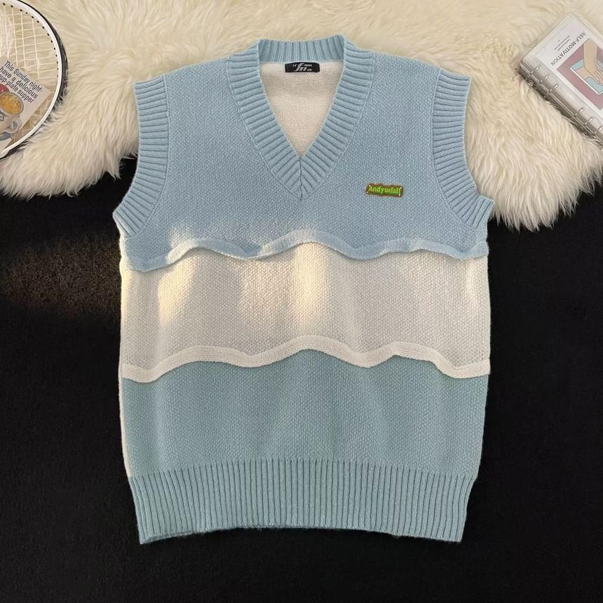 V-Neck Color Block Panel Sweater Vest Product Image