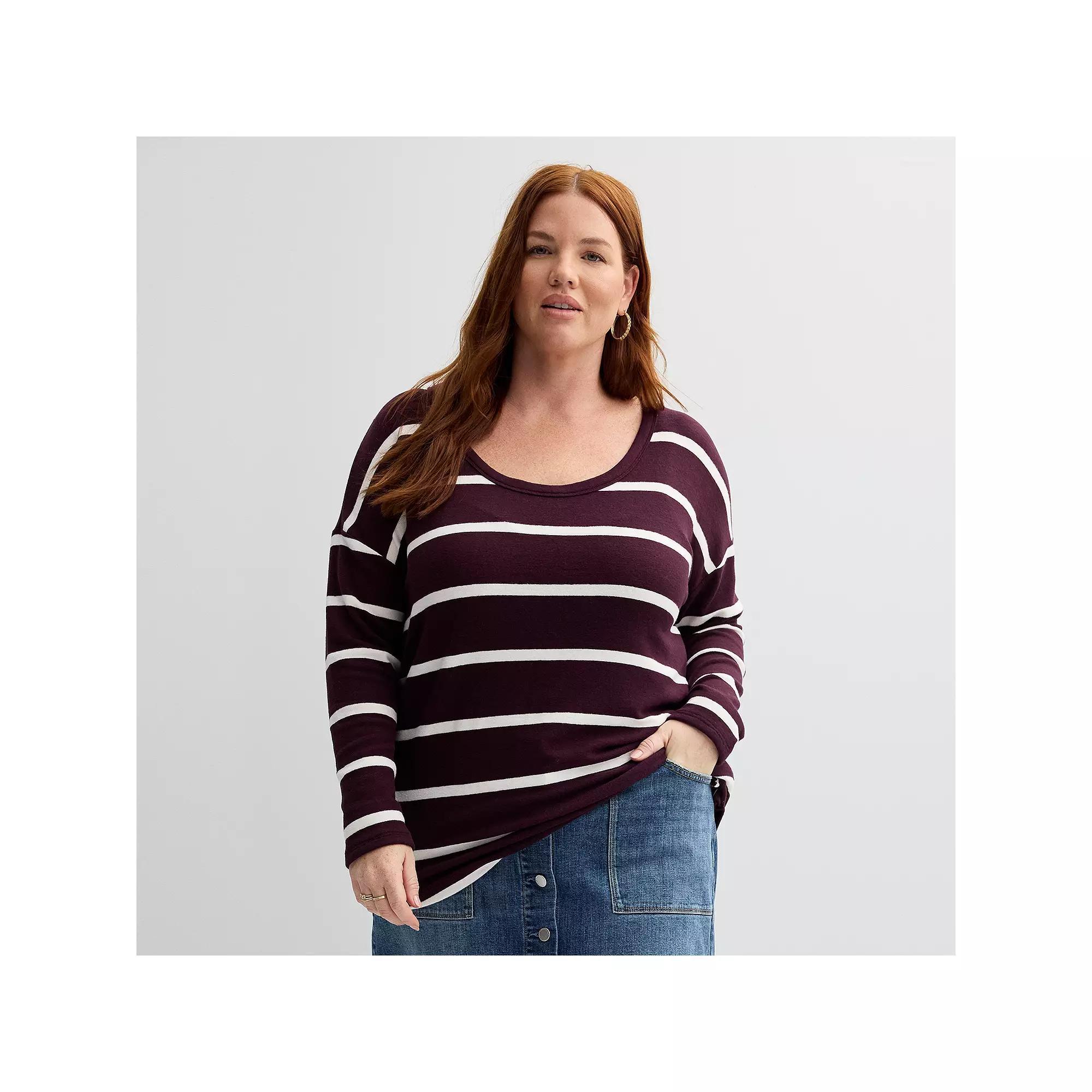 Plus Size Sonoma Goods For Life® Long Sleeve Scoopneck Pullover, Women's, Size: 2XL, Red Snow Stripe Product Image