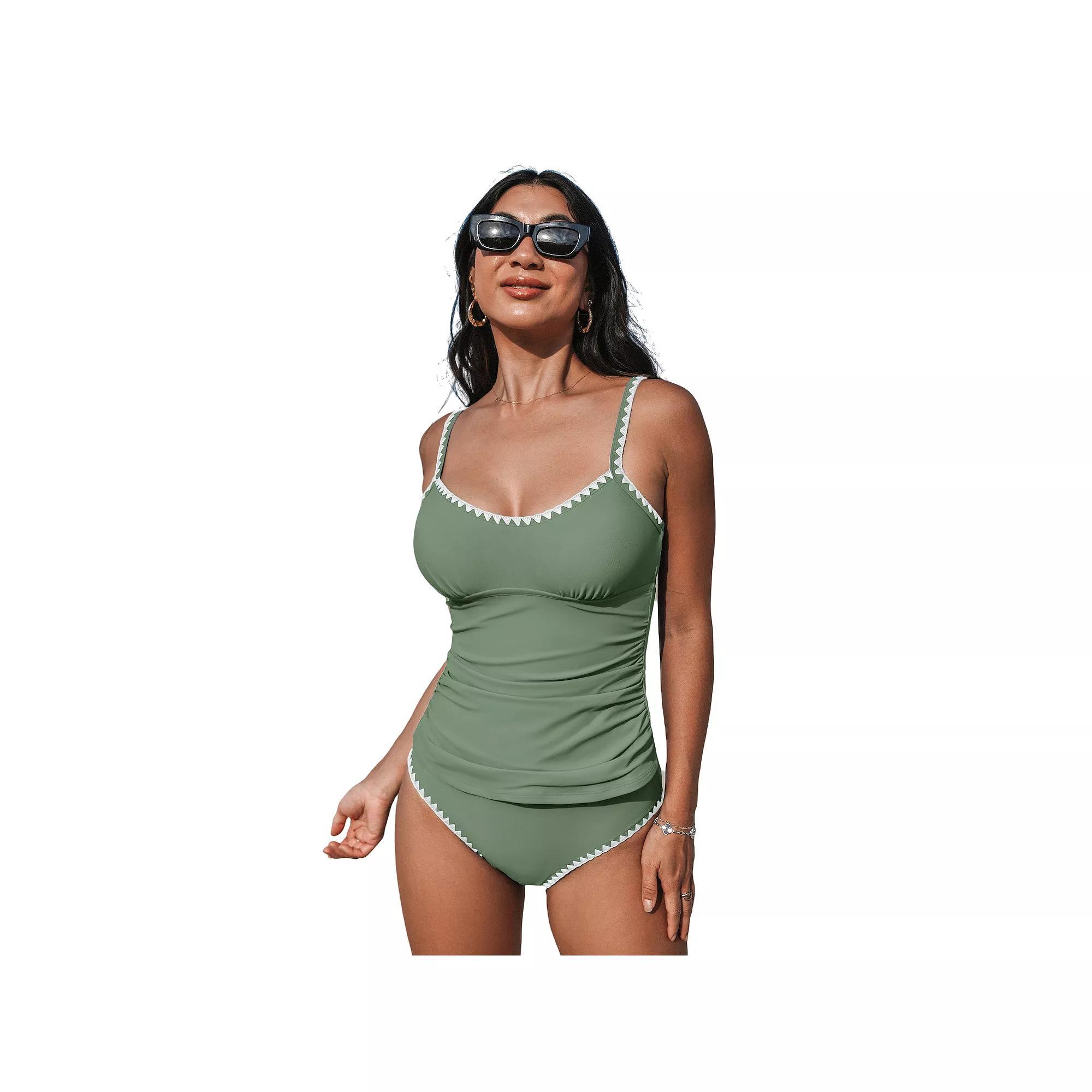 Women's Cupshe 2-pc. Scoop Neck Shell Stitch Ruched Tankini Swim Top & Swim Bottoms Set,  Product Image