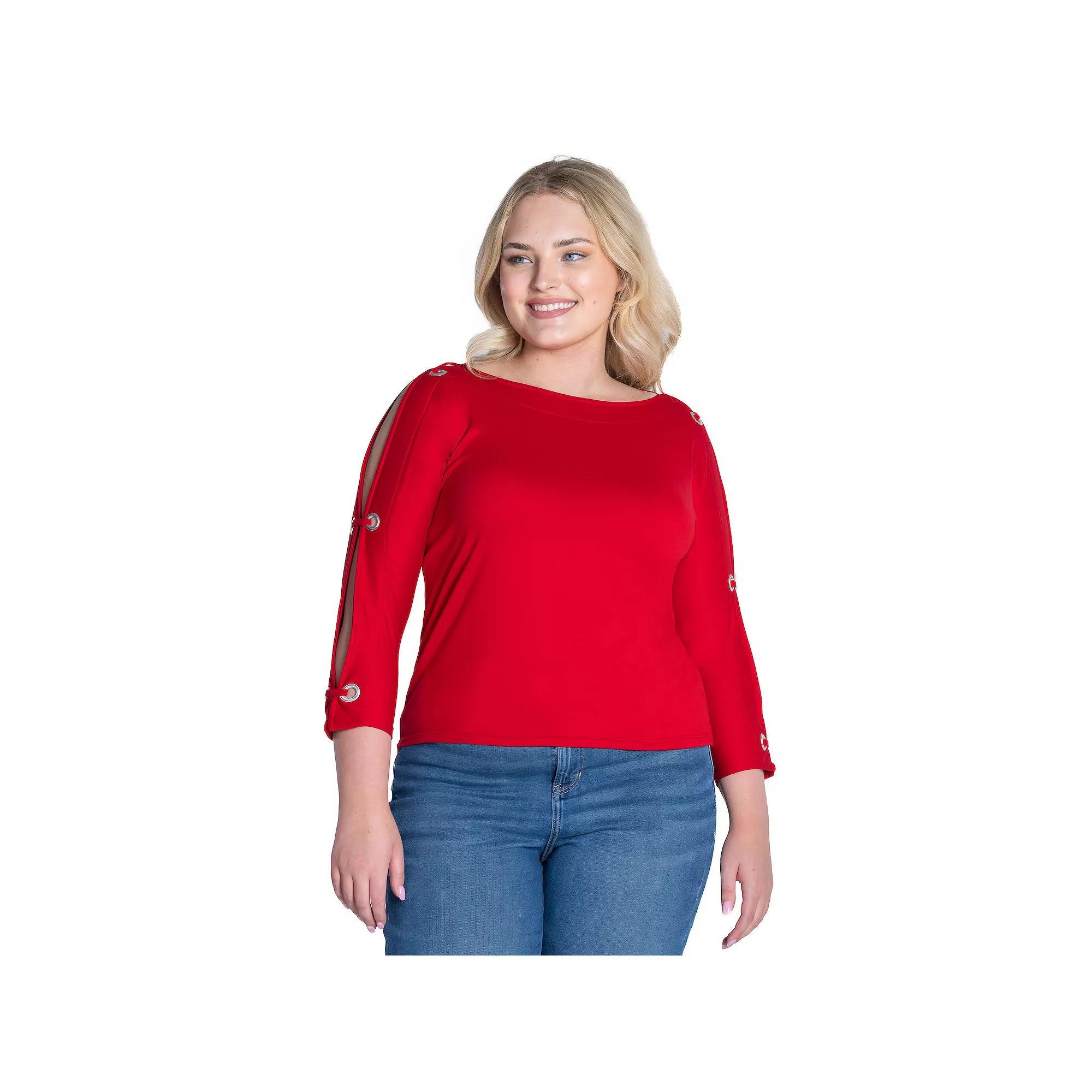 Plus Size 24Seven Comfort Apparel Boatneck 3/4-Sleeve Grommet Detailed Top, Women's, Size: 3XL, Red Product Image