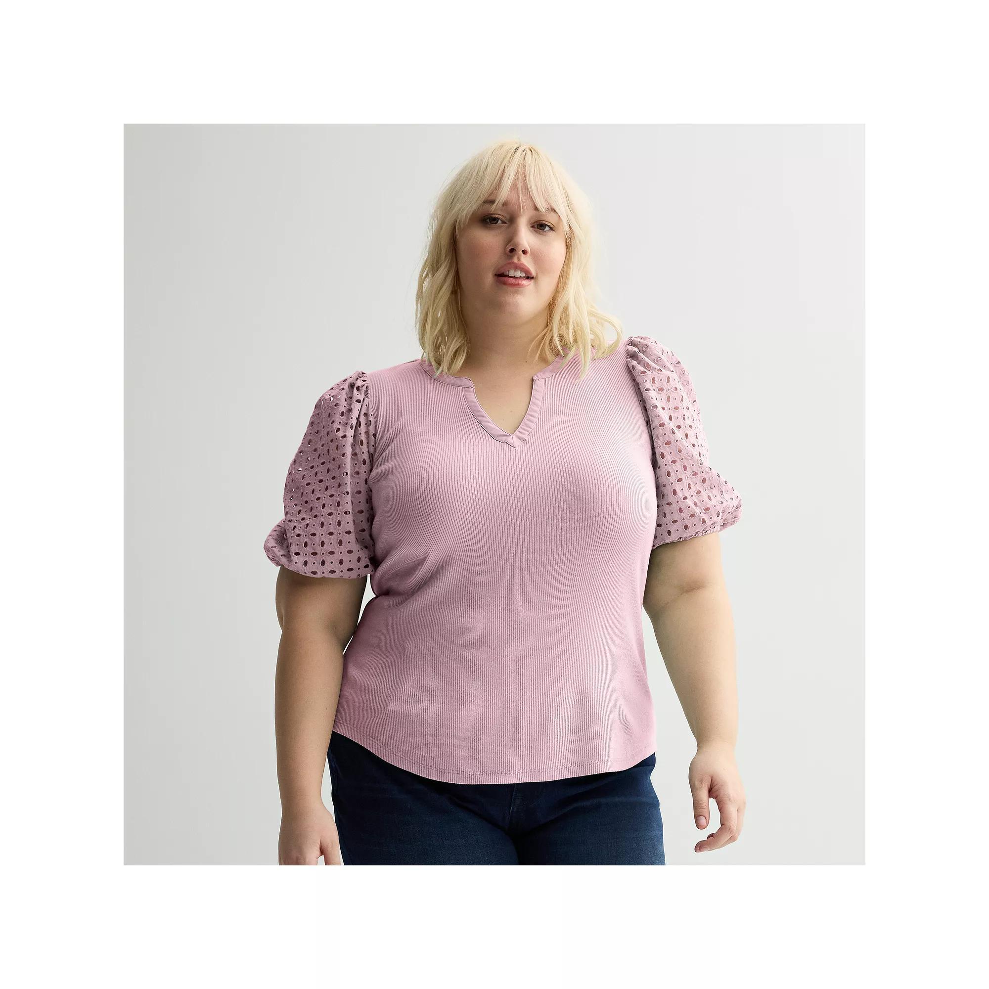 Plus Size Nine West Mixed Media Puffed Sleeve Y-Neck Top, Women's, Size: 0X, Hanover Blue Product Image