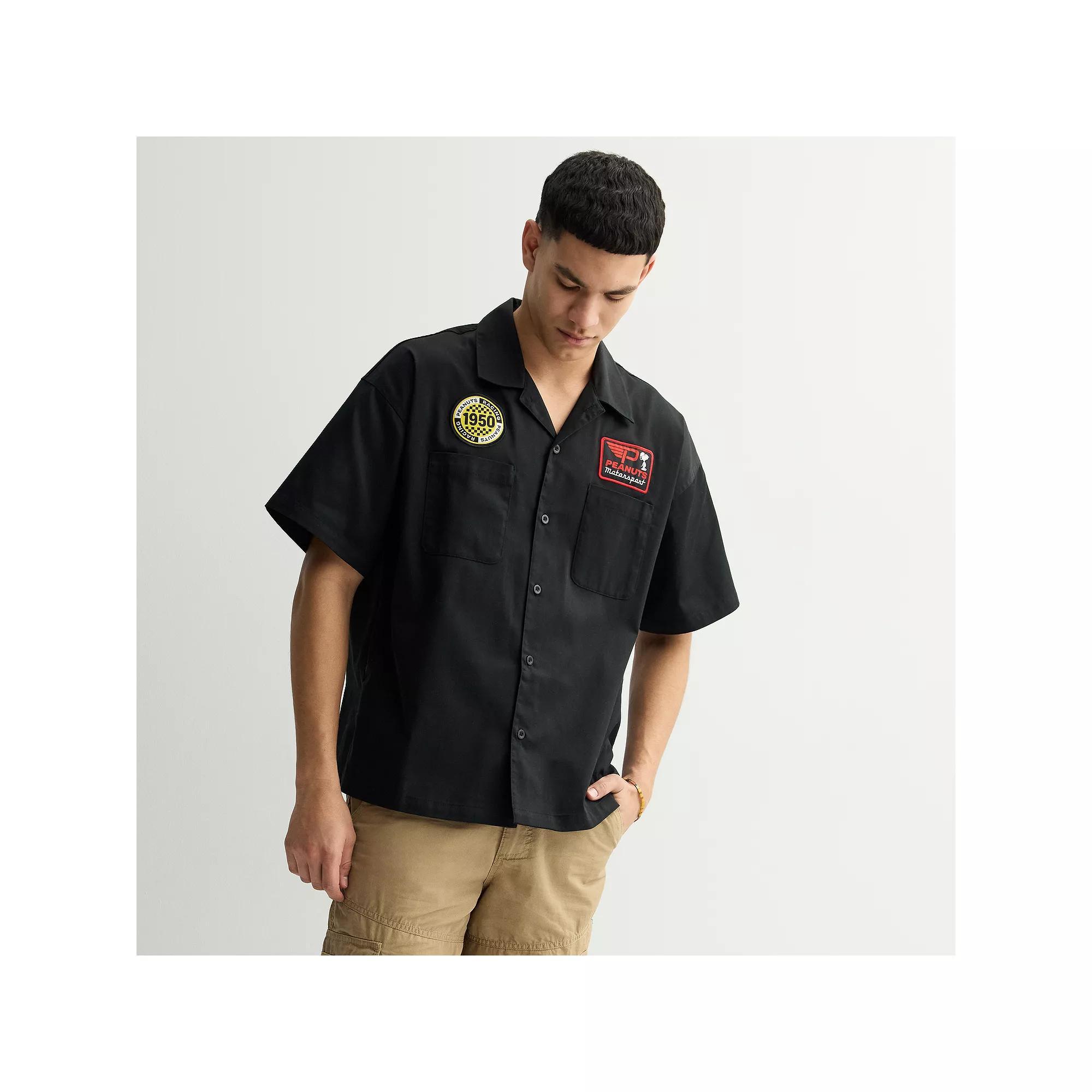 Men's Peanuts Racing Motorsport Short Sleeve Button-Down Shirt, Size: XL, Black Product Image