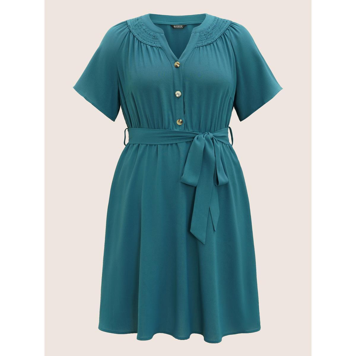 Plus Size Shirred Notched Button Up Belted Dress Aegean Women Elegant Gathered Flat collar with V-notch Short sleeve Curvy BloomChic 26/4X Product Image