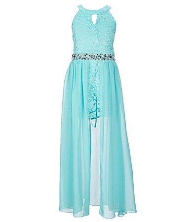 Xtraordinary Big Girls 7-16 Sleeveless Cut-Out Jeweled Waist Chiffon Walk-Through Glitter Lace Romper Product Image