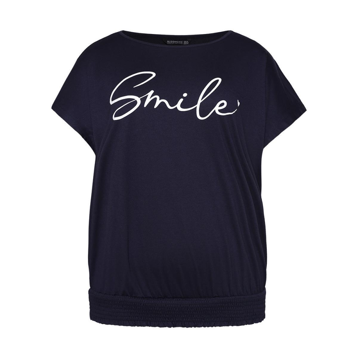 Plus Size Letter Print Batwing Sleeve Shirred Hem T-shirt DarkBlue Women Casual Printed Letter Dailywear T-shirts BloomChic 12/L Product Image