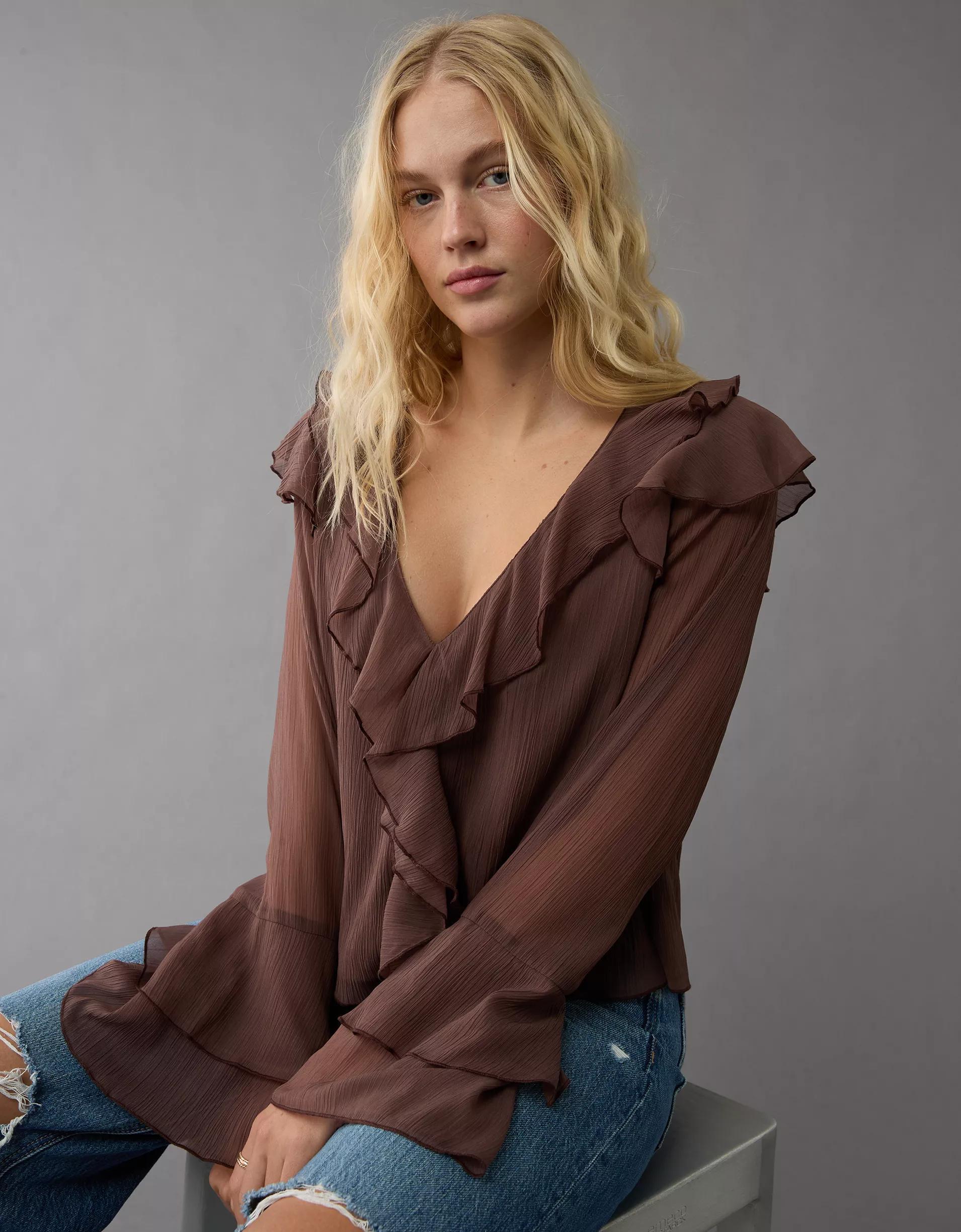 AE Long-Sleeve Chiffon Ruffle Blouse Product Image