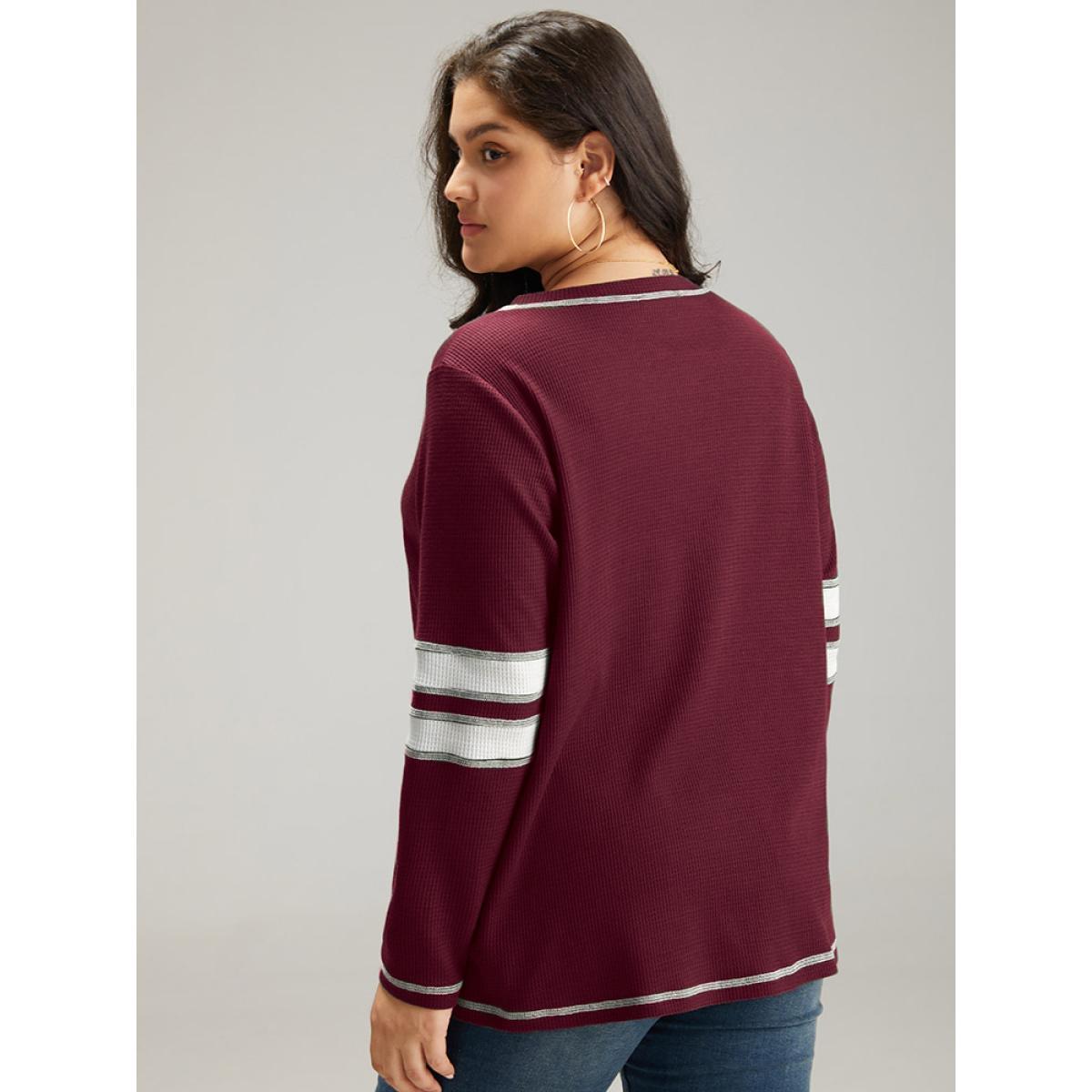 Plus Size Waffle Knit Striped Contrast Stitch T-shirt Burgundy Women Casual Contrast Striped Round Neck Dailywear T-shirts BloomChic 10/M Product Image