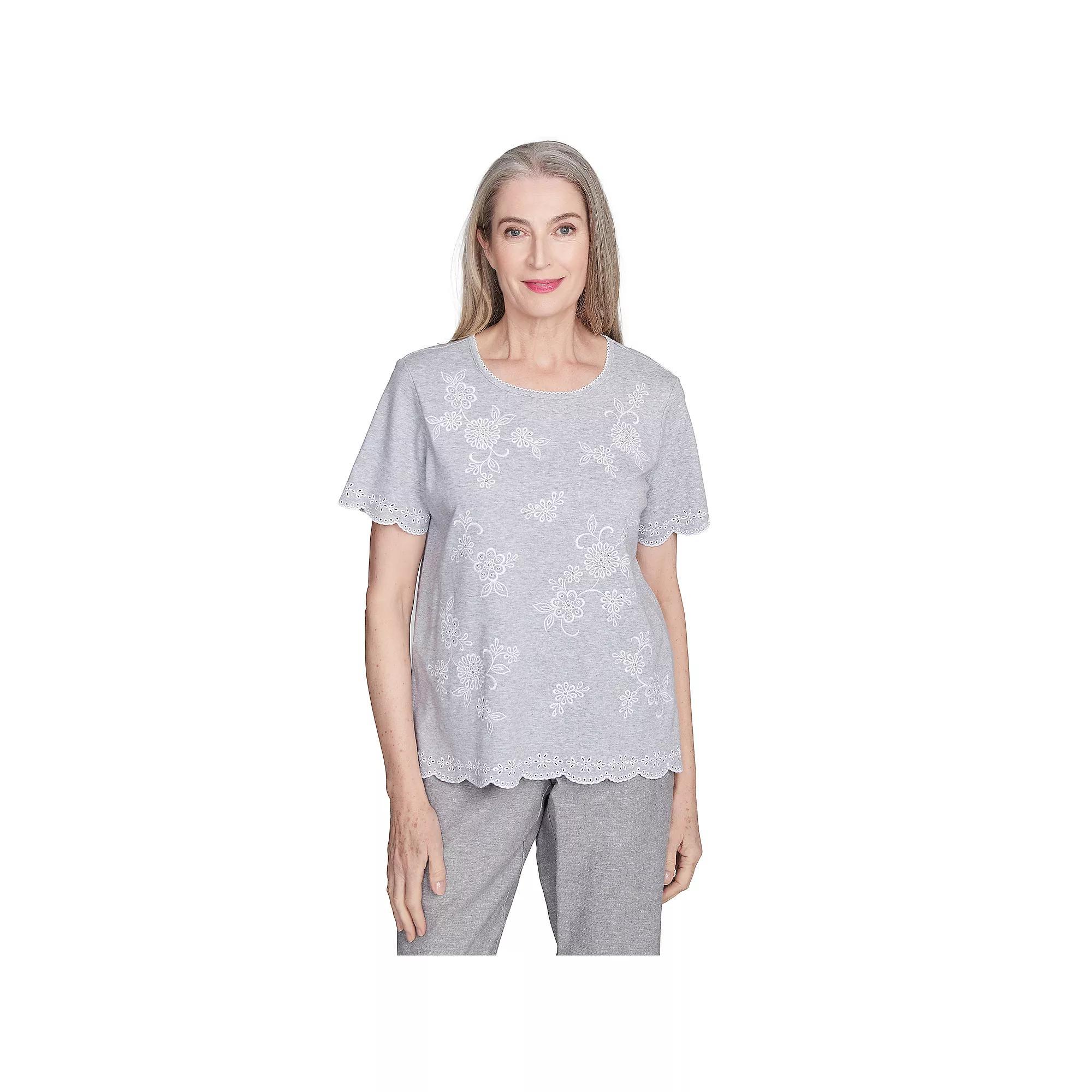 Petite Alfred Dunner Embroidered Tossed Flower Tee, Women's,  Product Image