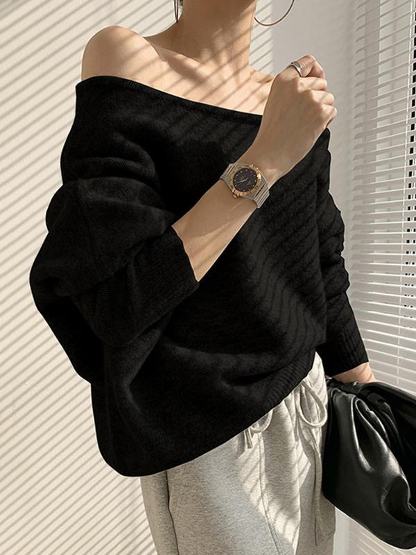 Casual Loose Long Sleeves Solid Color Off-The-Shoulder Sweater Tops Product Image