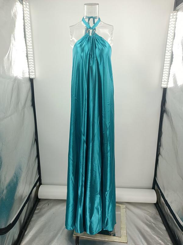 A-Line Loose Backless Solid Color Tied Halter-Neck Maxi Dresses Product Image