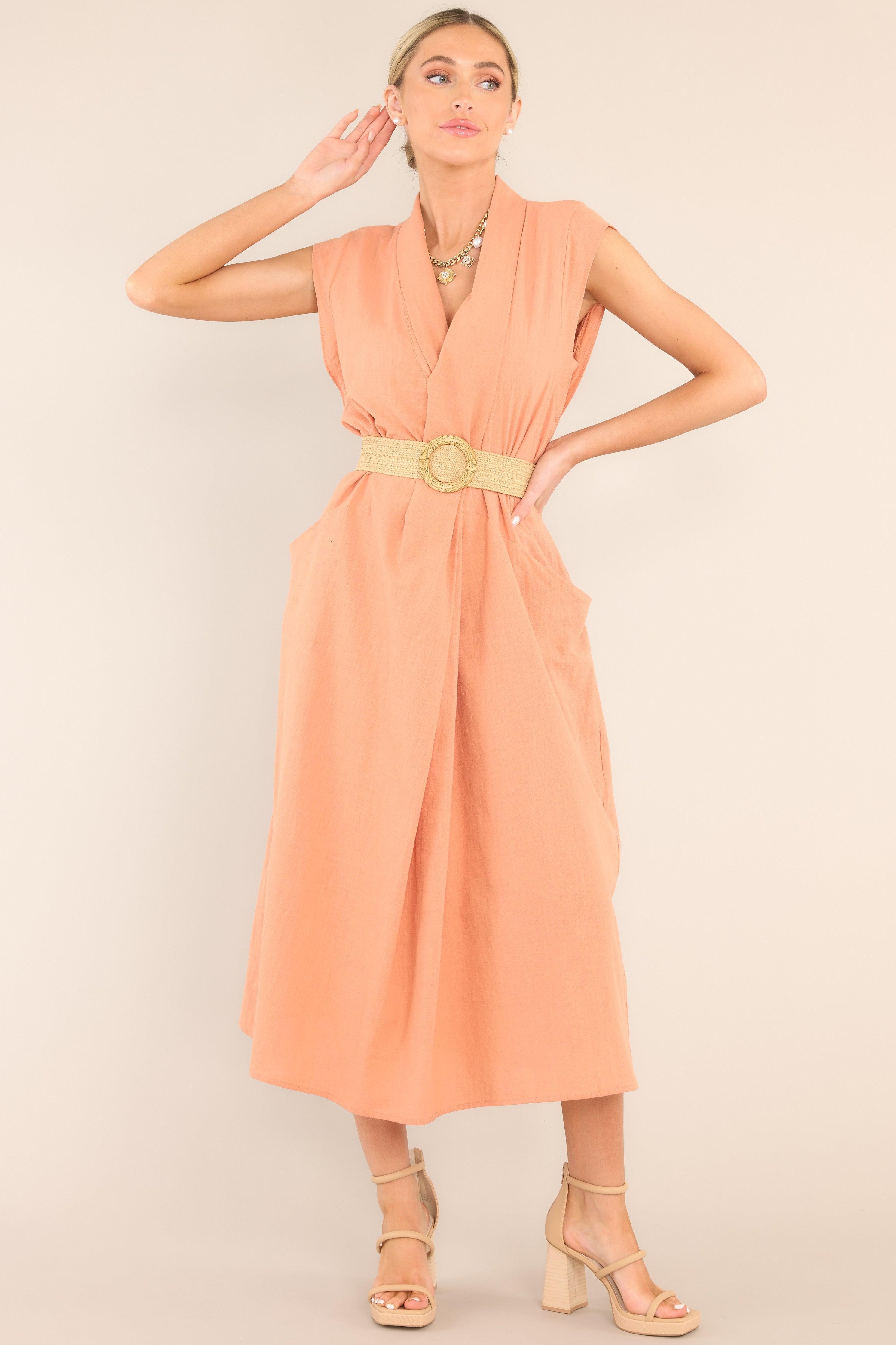 Daily Gratitude Light Clay Belted Midi Dress Light Orange Product Image