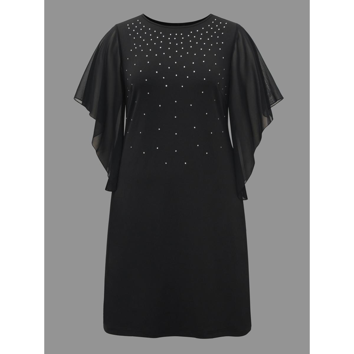 Plus Size Rhinestone Ruffle Sleeve Mesh Patchwork Dress Pureblack Women Party&Cocktail Rhinestone detailing Party Curvy Bloomchic 18-20/2X Product Image