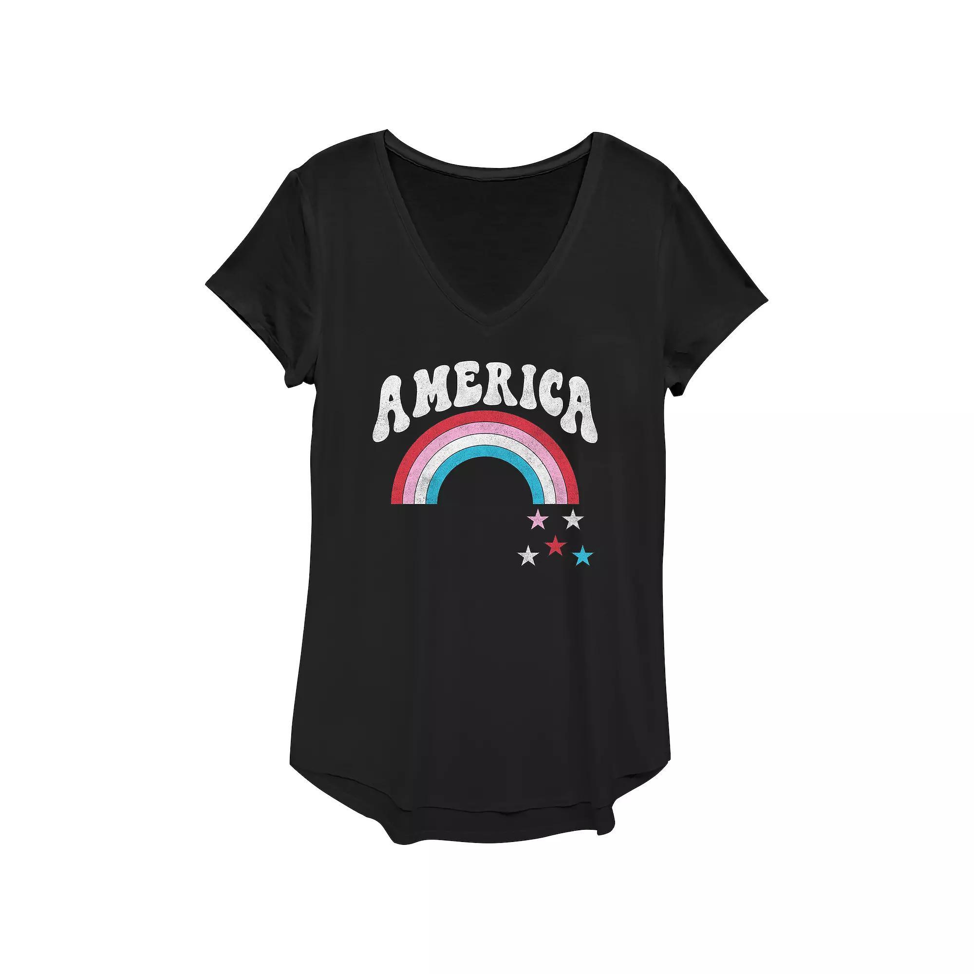 Women's America Retro Rainbow Stars Graphic Tee, Girl's, Size: XS, Black Product Image