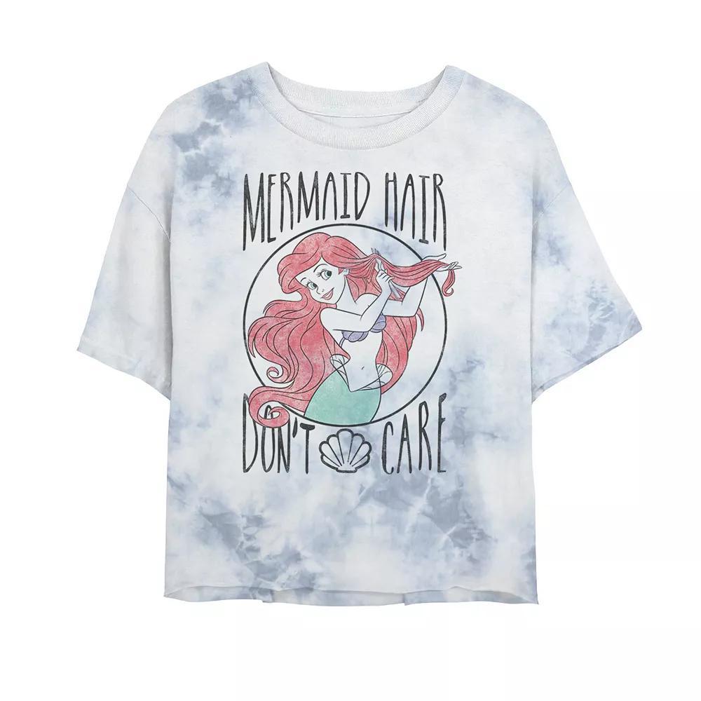 Juniors' Disney Princess The little Mermaid Hair Don't Care Bombard Wash Crop Graphic Tee, Women's, Size: Small, White Blue Product Image