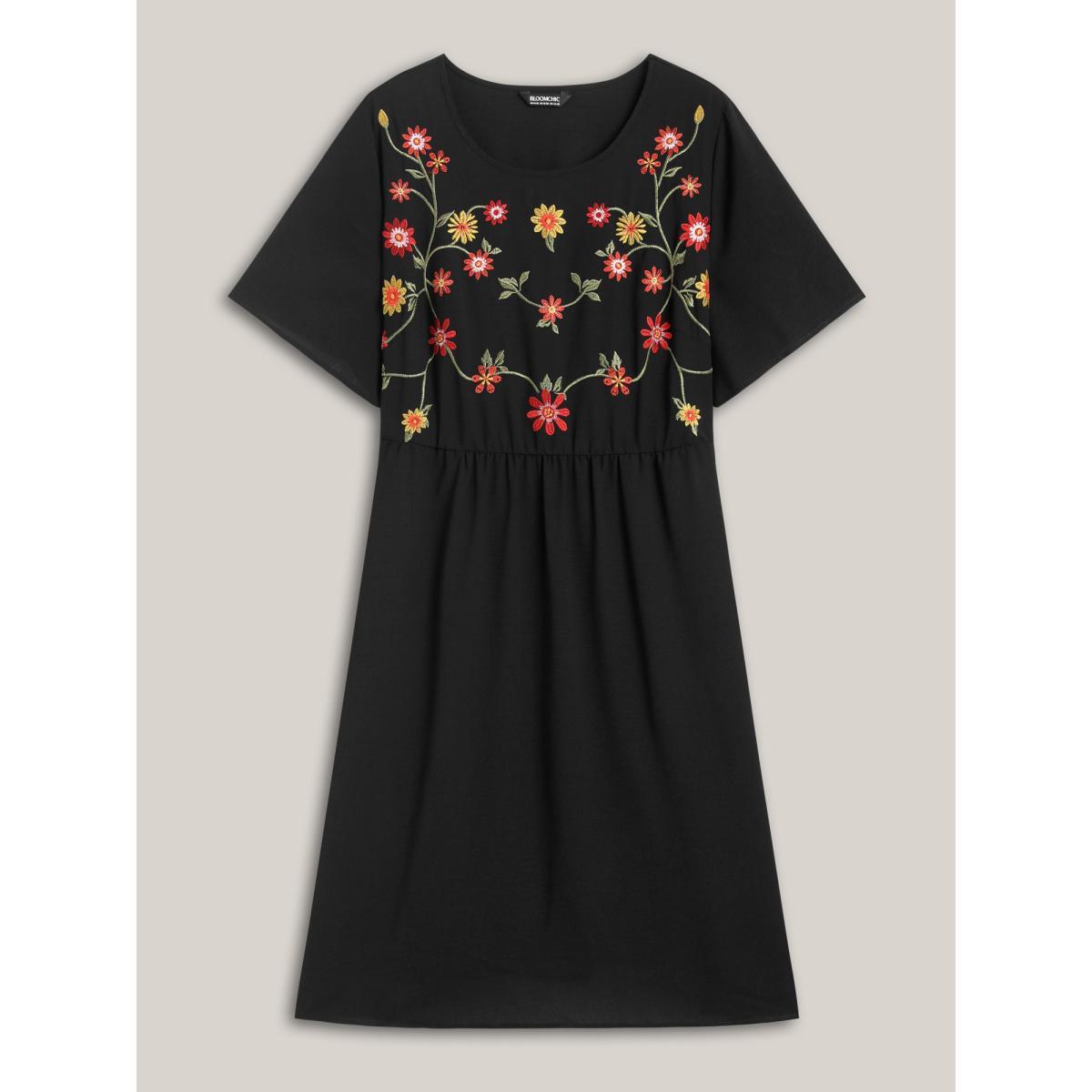 Plus Size Floral Embroidered Waist-Cinched Midi Dress Black Women Boho Round Neck Short sleeve Curvy BloomChic 22-24/3X Product Image