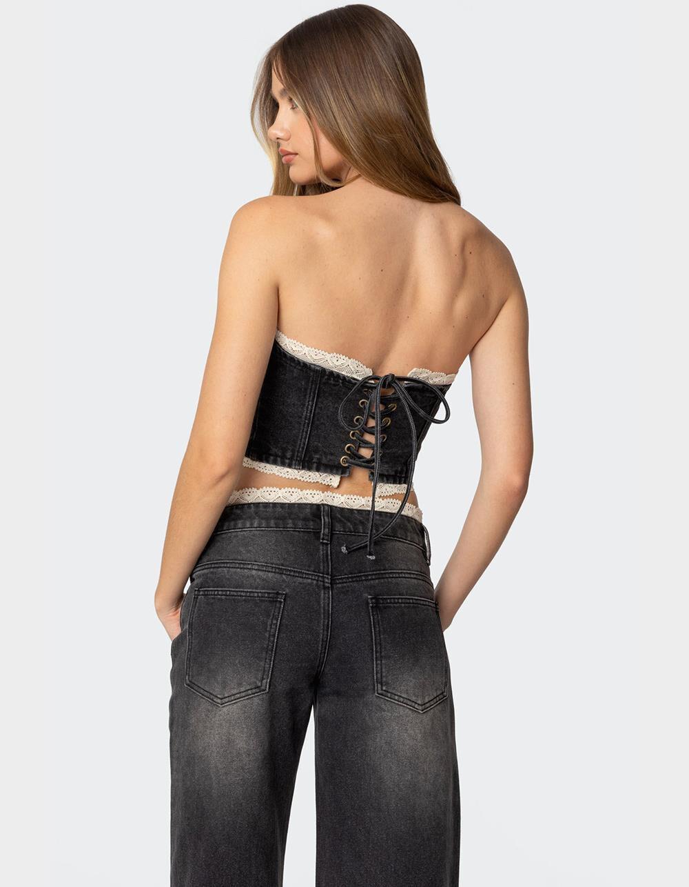 EDIKTED Karlie Lace Trim Denim Tube Top Product Image