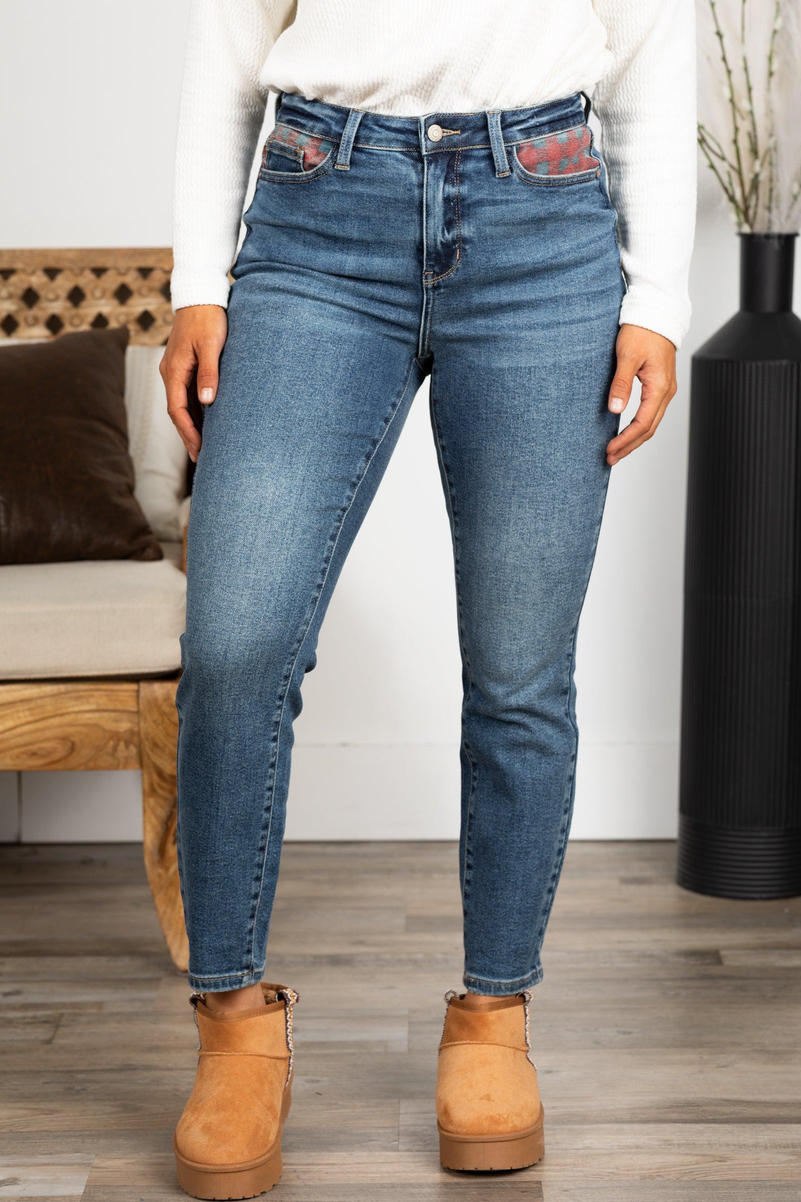 Judy Blue Medium Wash Plaid Patch Slim Jeans Product Image