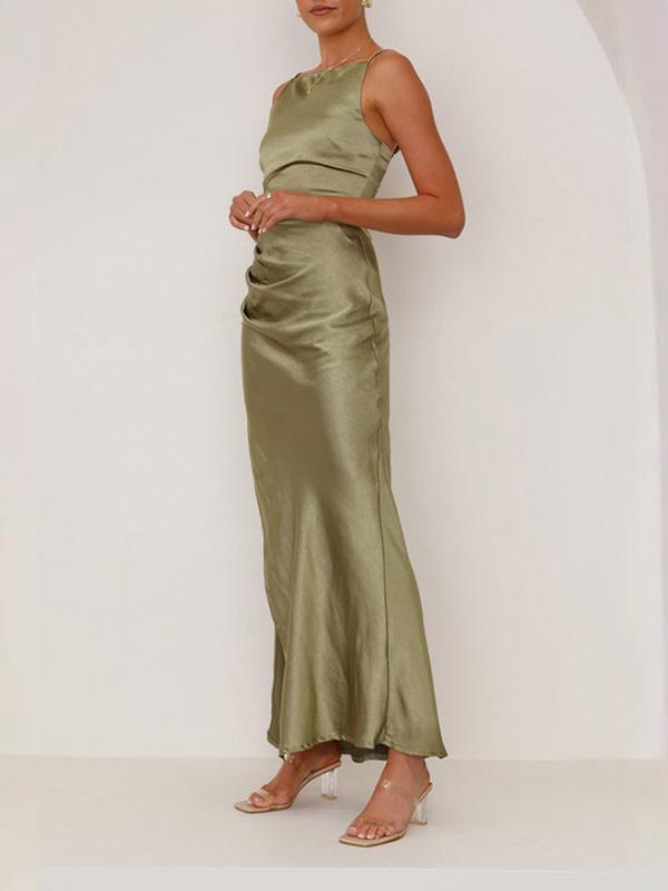 Sleeveless Pleated Solid Color Split-Joint Split-Side Spaghetti-Neck Midi Dresses Product Image