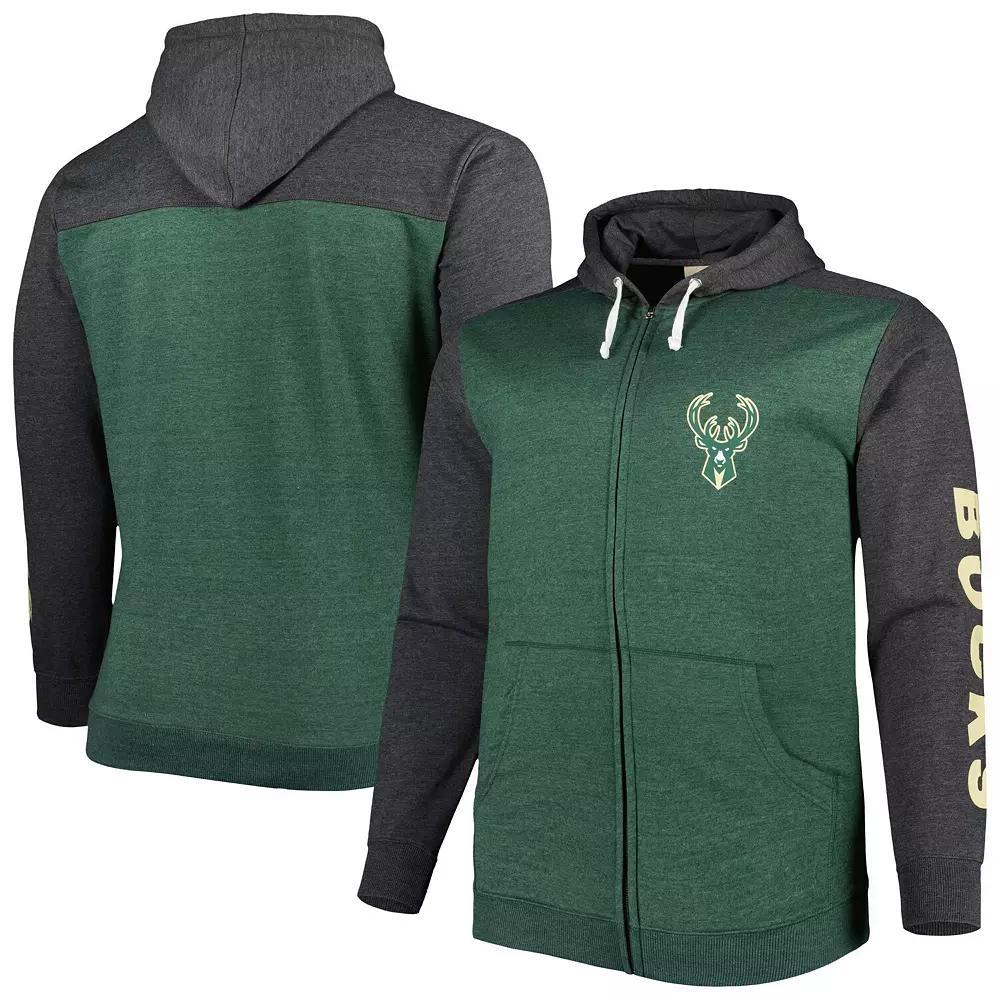 Men's Fanatics Branded Heathered Hunter Green/Heathered Black Milwaukee Bucks Big & Tall Down and Distance Full-Zip Hoodie, Size: 2XB, Team Product Image