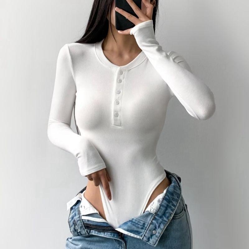 Long-Sleeve Plain Ribbed Bodysuit Top Product Image