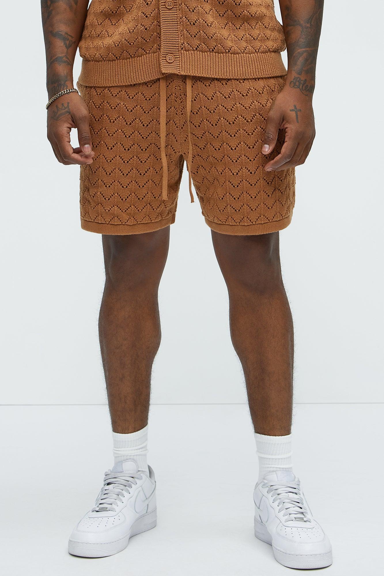 Waterfall Texture Open Knit Shorts - Brown Product Image