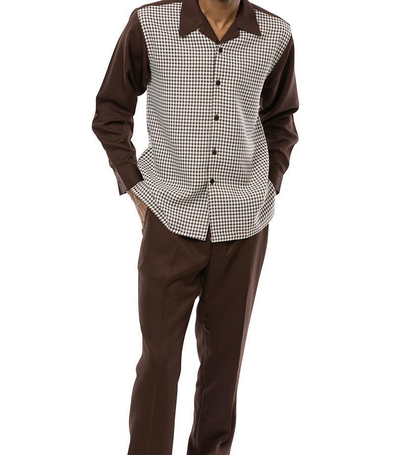 Brown Mini-Checkered 2 Piece Long Sleeve Walking Suit Set Product Image