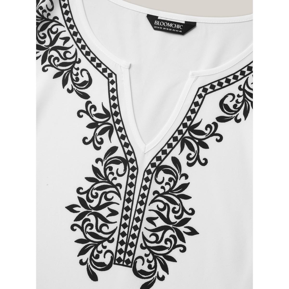 Plus Size Originalwhite Boho Print Split Neck Relaxed Fit Blouse Women Resort Elbow-length sleeve Notched collar Vacation Blouses BloomChic 22-24/3X Product Image