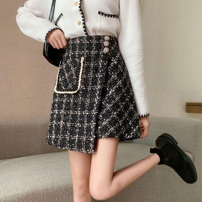 High Rise Plaid Asymmetrical Mini A-Line Skirt Product Image