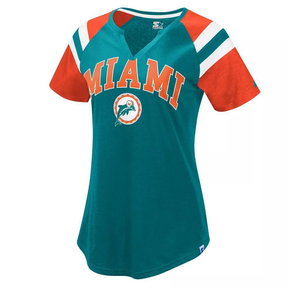 Women's Starter Aqua/Orange Miami Dolphins Game On Notch Neck Raglan T-Shirt, Size: Large, Turquoise A Product Image