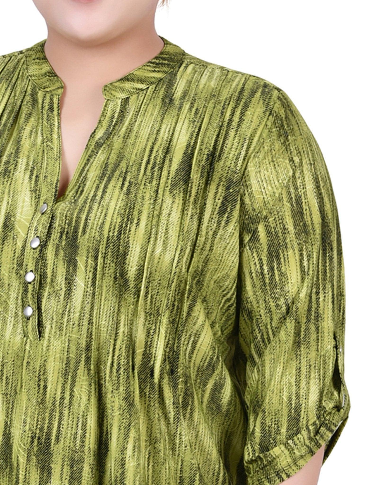 Chartreuse 3/4 Sleeve Roll Tab Y Neck Top - Plus Product Image