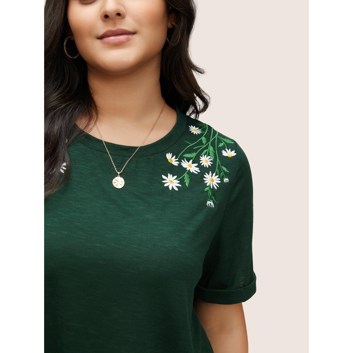 Plus Size Floral Embroidered Roll Sleeve T-shirt DarkGreen Women Elegant Roll Hem Plants Round Neck Everyday T-shirts BloomChic 30/6X Product Image