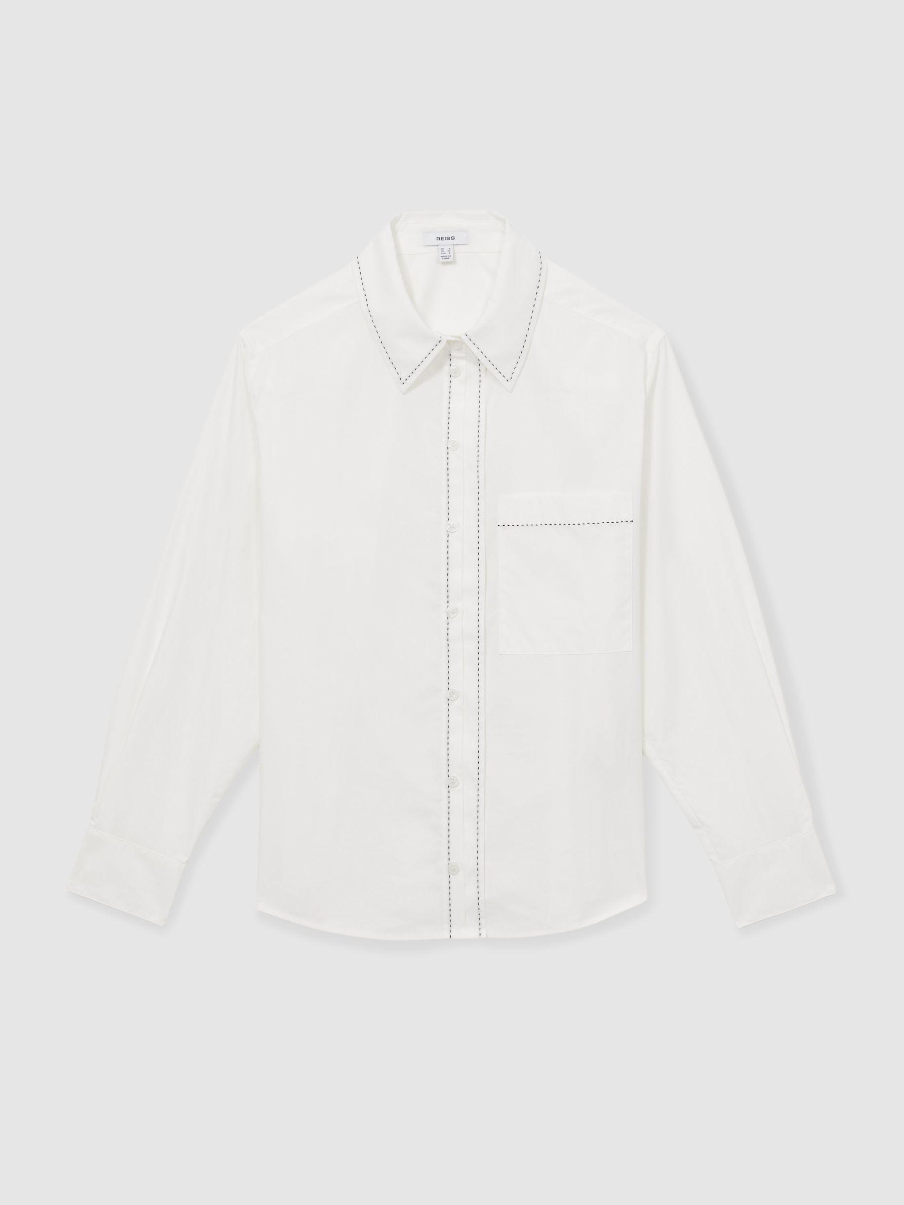 Cotton Topstitched Button-Through Shirt in White Product Image