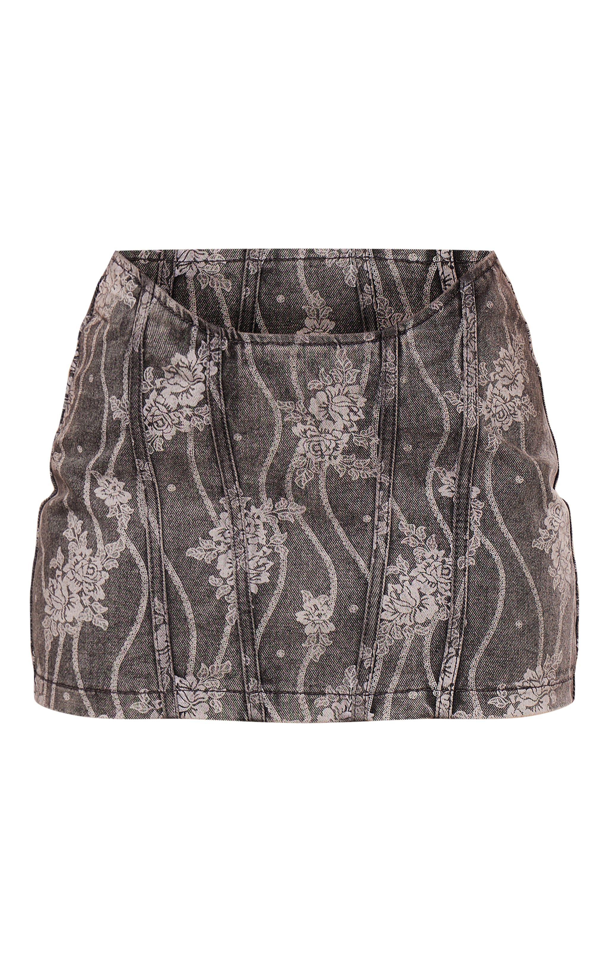 Washed Grey Lace Print Denim Mini Skirt Product Image