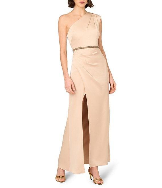 Aidan Mattox One Shoulder Beaded Waistband Satin Sheath Gown Product Image