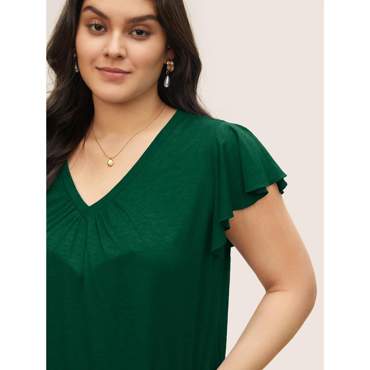 Plus Size Solid Heather Gathered Ruffle Sleeve T-shirt DarkGreen Women Elegant Non V-neck Everyday T-shirts BloomChic 10/M Product Image