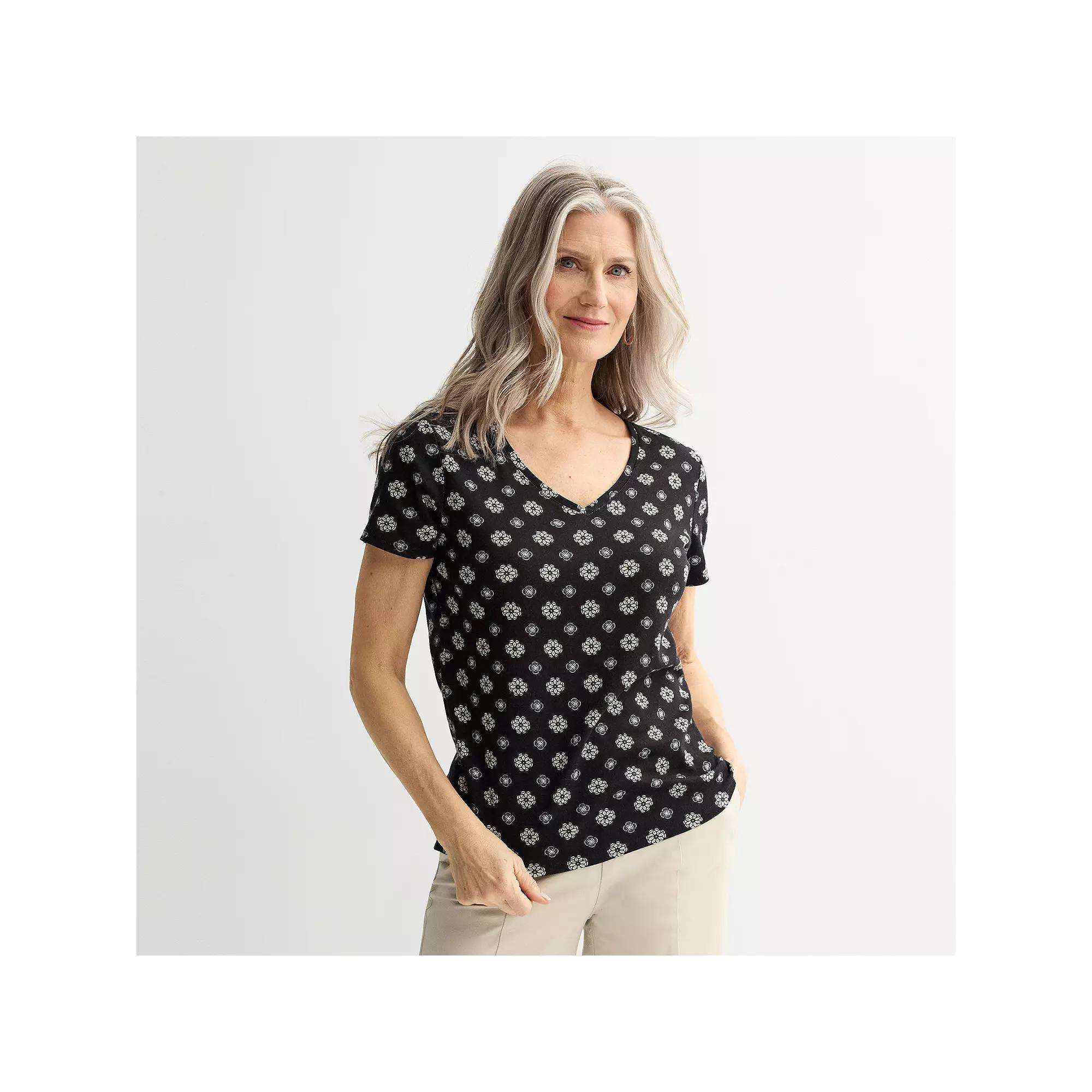 Women's Croft & Barrow® Essential V-Neck Tee, Size: Small, Black Mini Geo Product Image