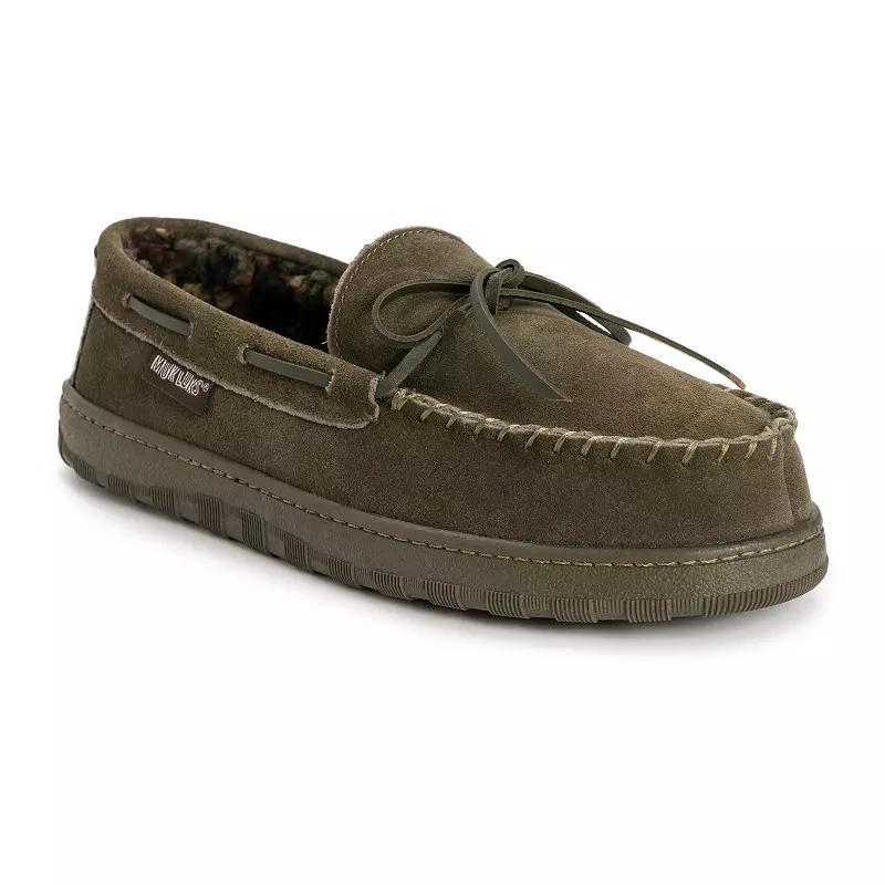 MUK LUKS Leather Berber Fleece Mens Moccasin Slippers Green Product Image