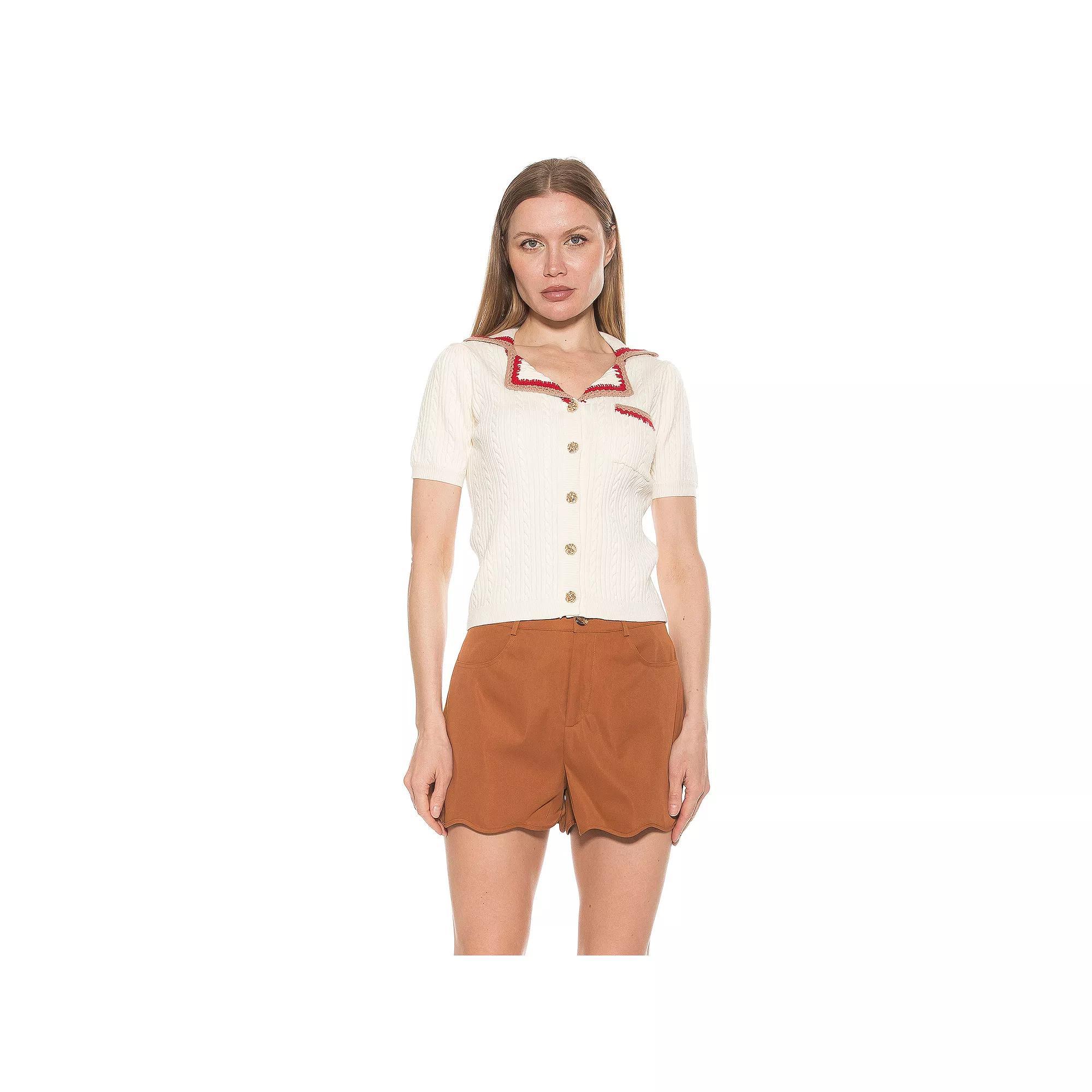 Women's ALEXIA ADMOR Kith Knit Short Sleeve Button Down Collared Top,  Product Image