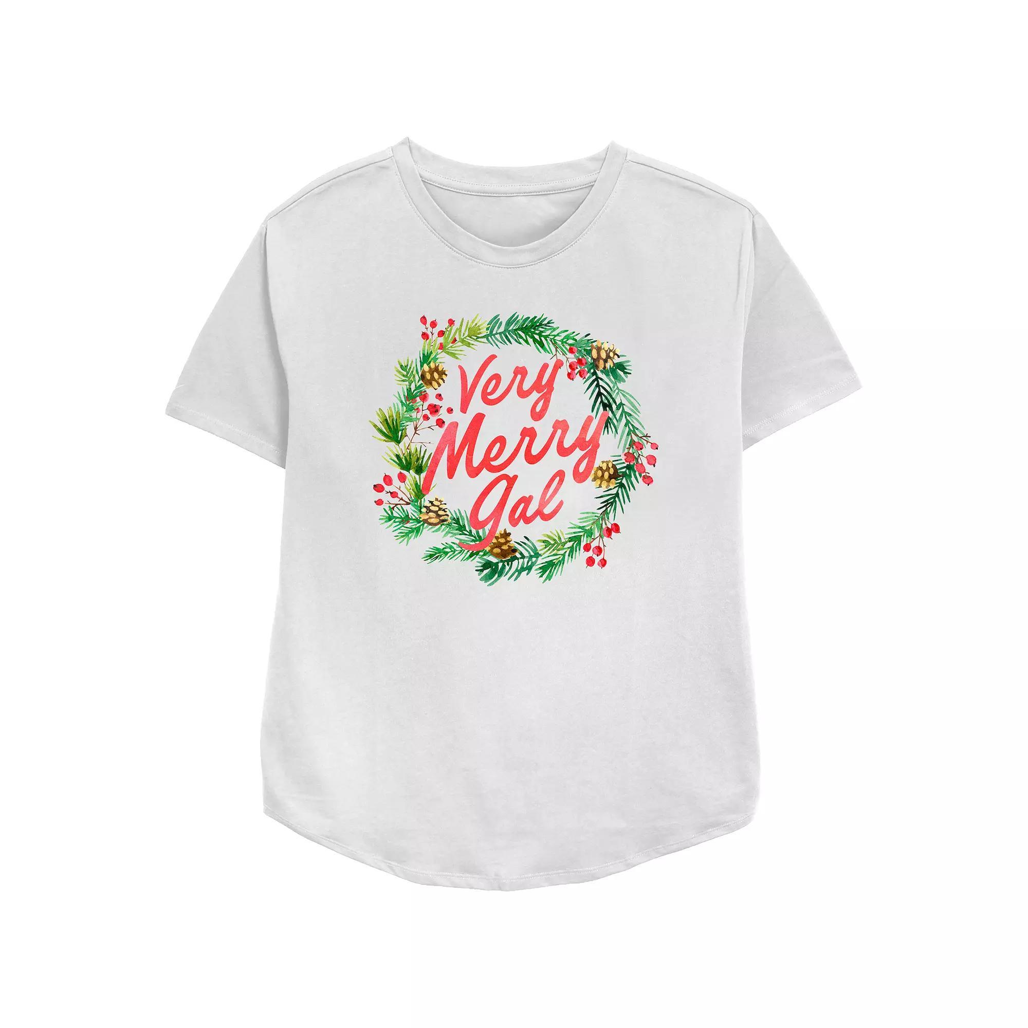 Women's Very Merry Gal Christmas Wreath Relaxed Fit Graphic Tee, Size: Medium, White Product Image