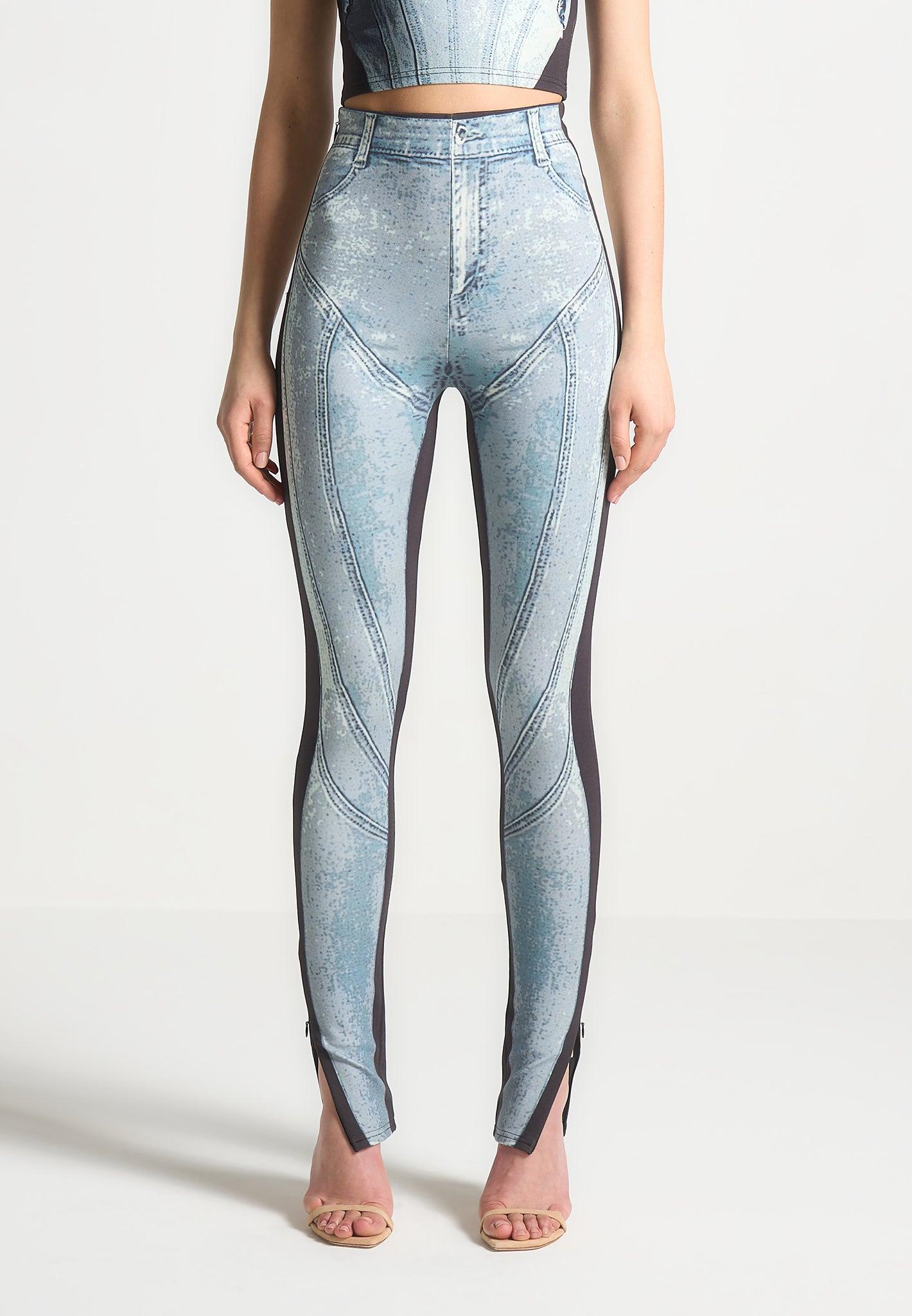 Denim Print Leggings - Blue/Black Female Product Image