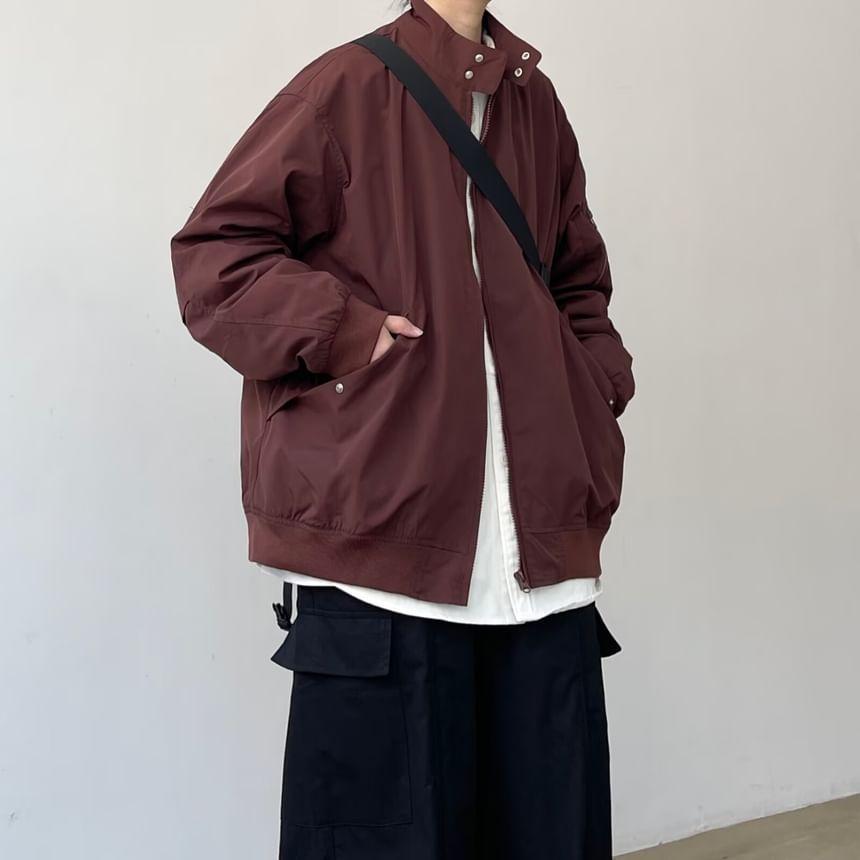 Stand Collar Plain Zip-Up Bomber Jacket Product Image