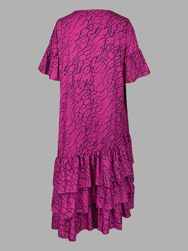 Flared Sleeves Half Sleeves Asymmetric Layered Pleated Printed Ruffle Trim Round-Neck Maxi Dresses Product Image