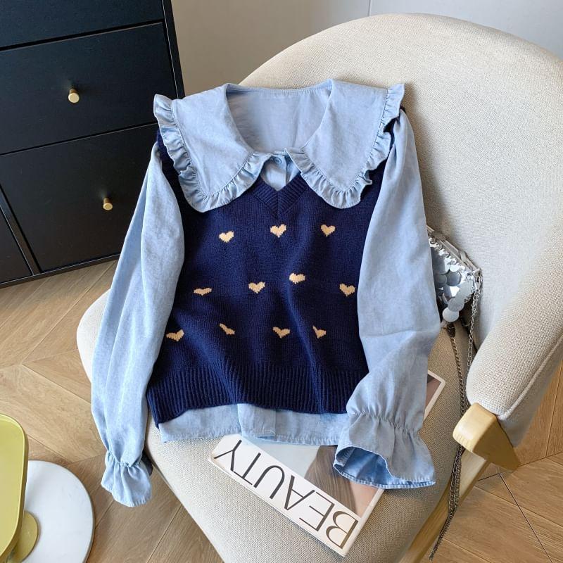 Set: Long-Sleeve Peter Pan Collar Plain Frill Trim Blouse + V-Neck Heart Print Sweater Vest Product Image