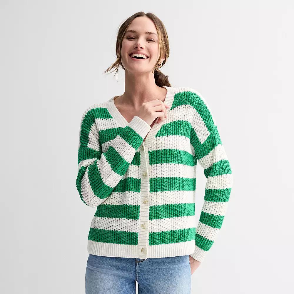 Women's Sonoma Goods For Life® Button-Front Cardigan, Size: XXL, Bold Green Stripe Product Image