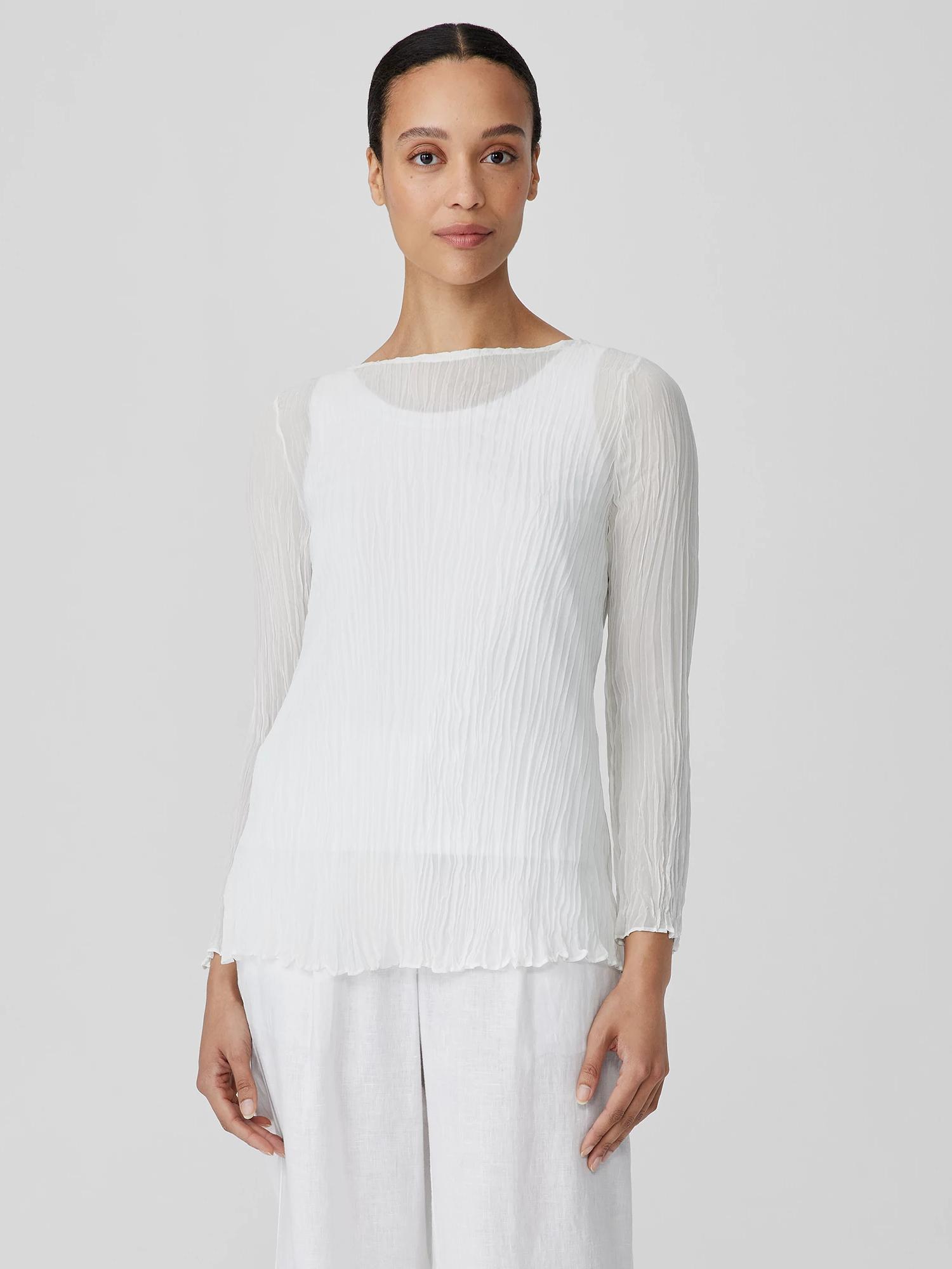 EILEEN FISHER Crinkled Sheer Silk Georgette Bateau Neck Long Topfemale Product Image