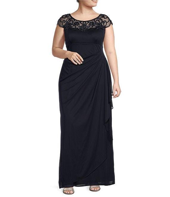 Xscape Plus Size Beaded Cap Sleeve Illusion Crew Neck Ruched Gown Product Image