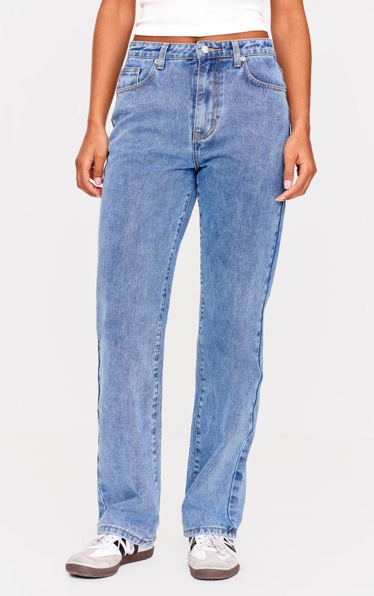 PRETTYLITTLETHING Mid Blue Wash High Waist Straight Leg Jeans Product Image