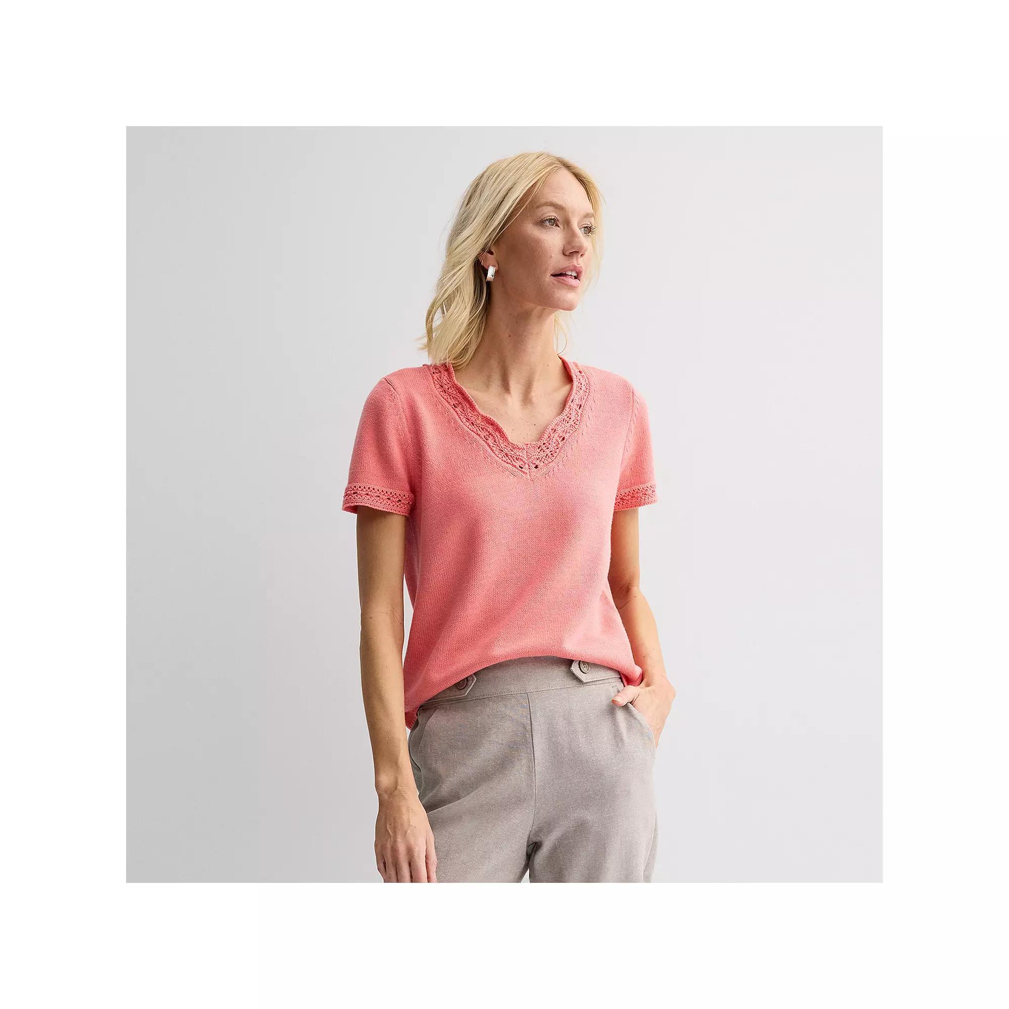 Petite Croft & Barrow Crochet Trim V-Neck Short Sleeve Sweater, Womens Simply Pink Product Image