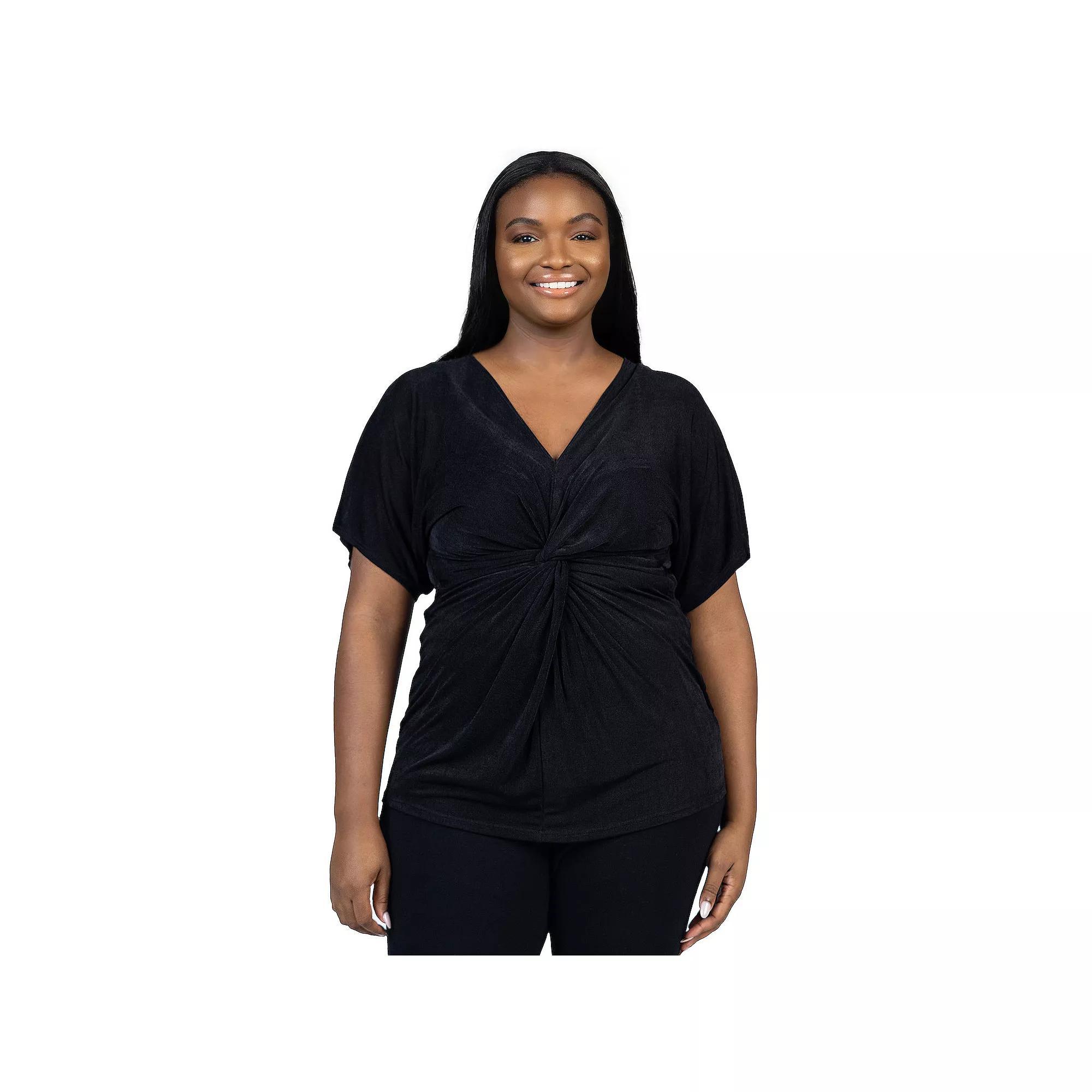 Plus Size 24Seven Comfort Apparel Twist Front Short Dolman Sleeve Top, Women's, Size: 3XL, Black Product Image