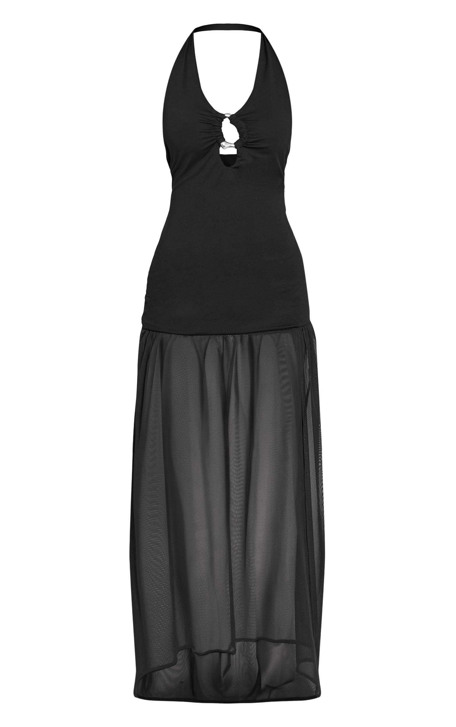 Petite Black Halterneck Trim Detail Mesh Panel Maxi Dress Product Image